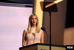 A businesswoman and former model, Ivanka Trump's speech was peppered with stories from her childhood. She says Donald Trump has made wage equality a practice in his company throughout his entire career. (A. Shaker/VOA)