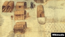 Village of the Algonquin-speaking Secotan in North Carolina. Watercolour painted by John White, 1585.