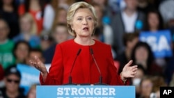 Democratic presidential candidate Hillary Clinton speaks at a campaign rally at Kent State University, Oct. 31, 2016, in Kent, Ohio.