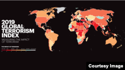 호주 경제평화연구소(IEP)가 공개한 2019년 전세계 테러리즘 지수 지도. 밝은 색일 수록 테러 위협이 낮은 지역을 의미한다.