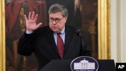 Attorney General William Barr speaks during an event on "Operation Legend: Combatting Violent Crime in American Cities," in the East Room of the White House, July 22, 2020, in Washington.