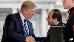 President Donald Trump greets Egyptian President Abdel Fattah Al-Sisi as he arrives at the White House in Washington, April 3, 2017. 