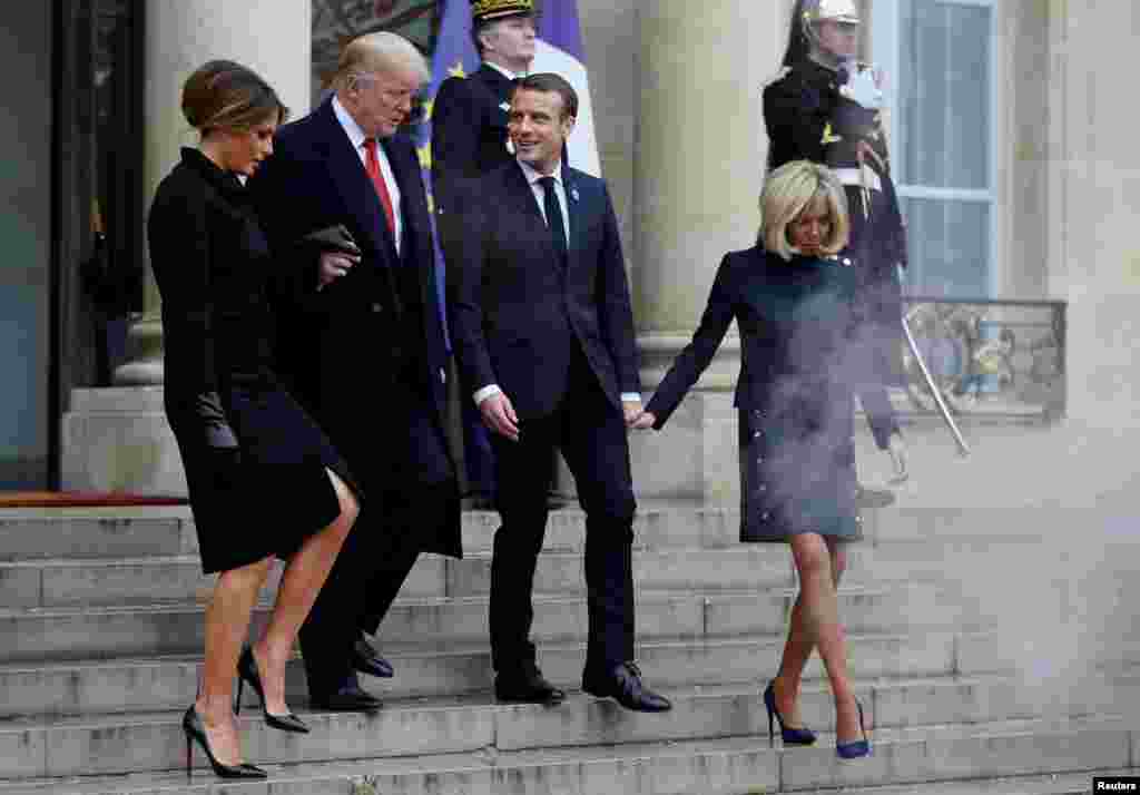 دیدار روسای جمهوری آمریکا و فرانسه در کاخ الیزه به همراه همسران شان. این دیدار به مناسبت صدمین سالگرد پایان جنگ جهانی اول برگزار شده است.