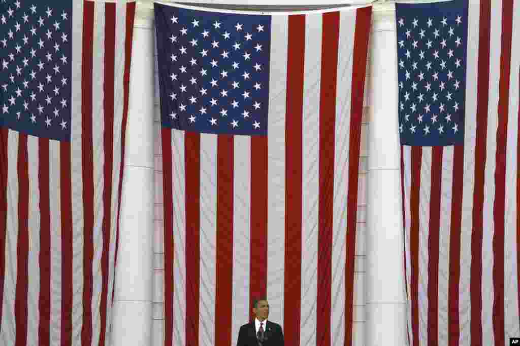 President Barack Obama speaks at the Memorial Day Observance at the Memorial Amphitheater at Arlington National Cemetery, May 28, 2012. 