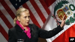 U.S Secretary of State Hillary Rodham Clinton speaks at a conference on women's empowerment in Lima, Peru, Tuesday, Oct. 16, 2012. Clinton arrived for the long-planned women's event in Lima Monday, after another weekend of criticism from Republicans over 
