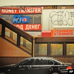 An exhibit photo of a doughnut shop in Brighton Beach, a Russian-speaking neighborhood in New York