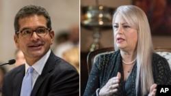 Esta combinación de dos fotos muestra a Pedro Puerluisi y Wanda Vázquez, en San Juan, Puerto Rico. El secretario de Estado y la gobernadora compiten en la primarias del domingo 9 de agosto del 2020, en la isla.
