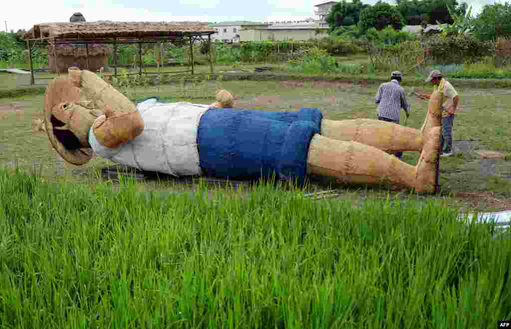 Para pekerja menurunkan &quot;hantu sawah&quot; atau orang-orangan setinggi 6,5 meter saat topan Matmo mendekati kota&nbsp;Shanhsing,&nbsp;Taiwan.