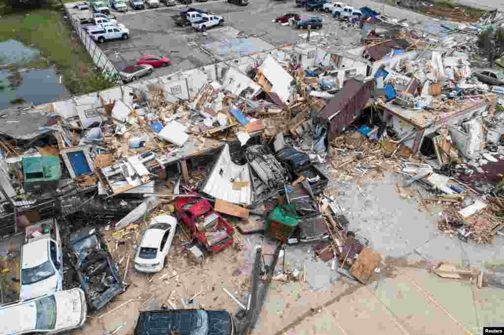 Damage to the American Budget Value Inn is seen in an aerial photo after a tornado touched down overnight in El Reno, Oklahoma, May 26, 2019.