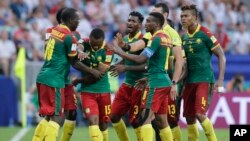 FILE: Cameroon players react during the Confederations Cup, Group B soccer match between Germany and Cameroon, at the Fisht Stadium in Sochi, Russia, Sunday, June 25, 2017. 