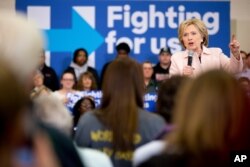 Democratic presidential candidate Hillary Clinton speaks at a rally at Grand View University in Des Moines, Iowa, Jan. 29, 2016.