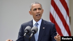 资料照：美国总统奥巴马2015年4月2日在白宫玫瑰园谈有关伊朗核项目的框架协议