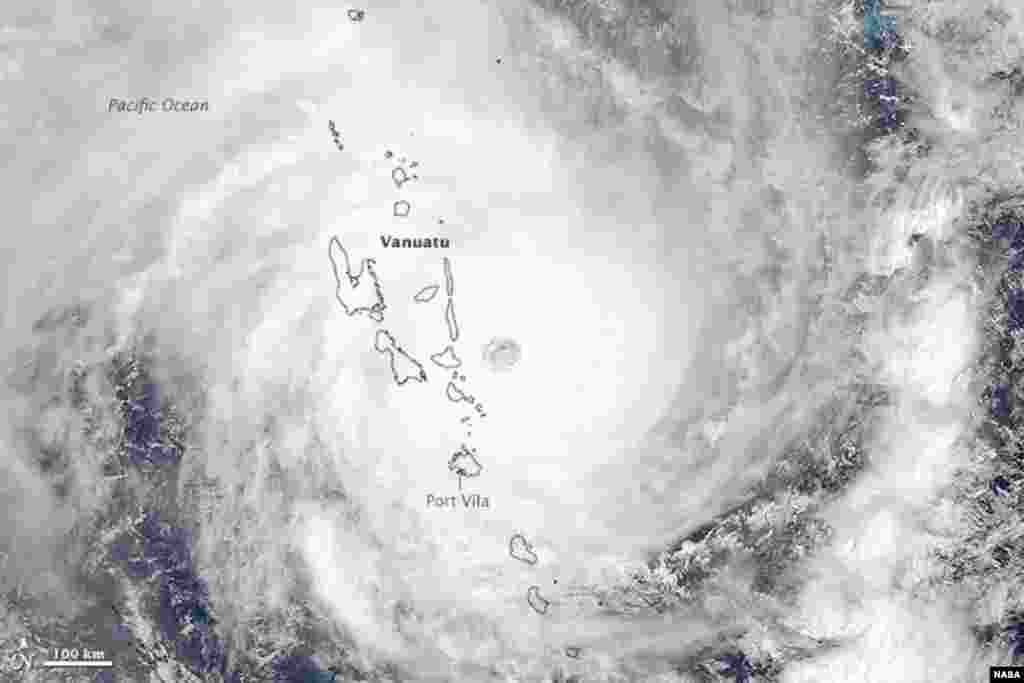 Cyclone Pam was heading in a southwesterly direction when the Moderate Resolution Imaging Spectroradiometer (MODIS) on NASA&rsquo;s Aqua satellite acquired this image at 1:30 p.m. local time (2:20 Universal Time) on March 13, 2015. Not long after the image was acquired, the storm struck the island of Efate, which is home to Vanuatu&rsquo;s capital city, Port Vila.