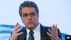 FILE - Roberto Azevedo director general of the World Trade Organization gestures as he speaks on the third day of the annual meeting of the World Economic Forum in Davos, Switzerland.