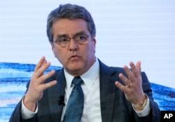 FILE - Roberto Azevedo director general of the World Trade Organization, speaks at the annual meeting of the World Economic Forum in Davos, Switzerland, Jan. 19, 2017.