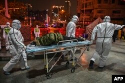 2020年1月25日穿着防护服的医务人员带着病人到达武汉红十字会医院。