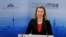 FILE - Federica Mogherini, High Representative of the European Union for Foreign Affairs and Security Policy delivers a speech at the Security Conference in Munich, Germany, Feb. 8, 2015. 
