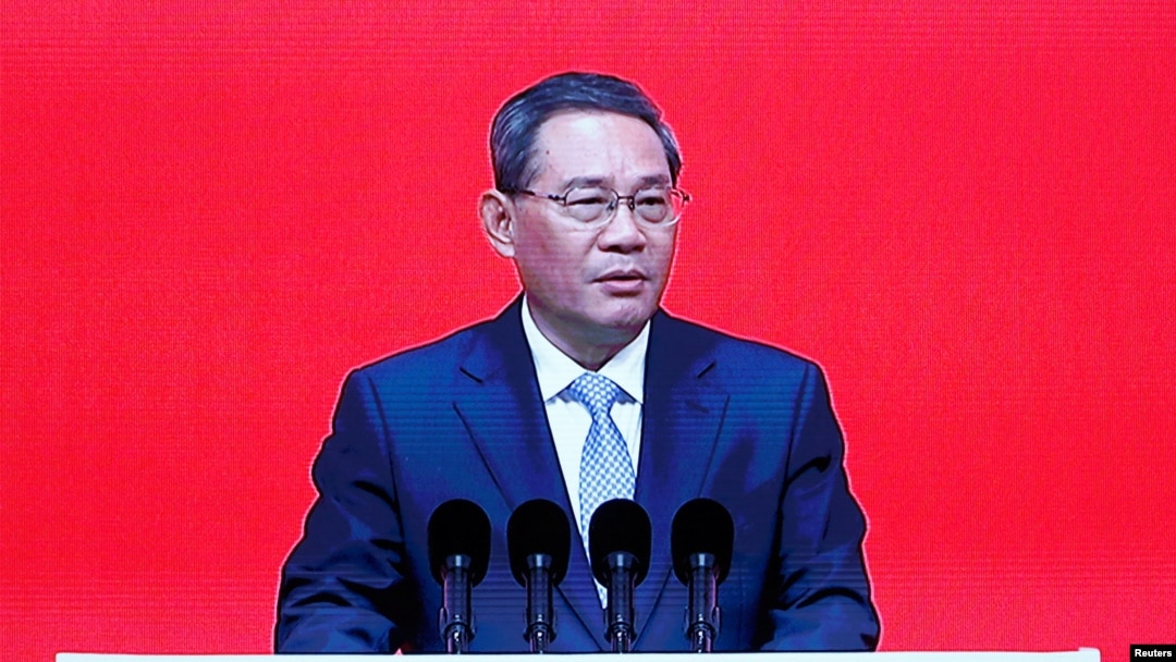 Screen shows Chinese Premier Li Qiang delivering a speech at the opening ceremony of China Development Forum (CDF) 2024, in Beijing