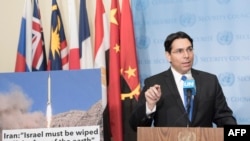 FILE - Danny Danon, Permanent Representative of Israel to the UN, speaks to the media at Security Council Stakeout, March 14, 2016 at the UN in New York.