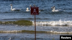 Знак «Опасно! Мины!» на пляже Черного моря под Николаевом, Украина (архивное фото)