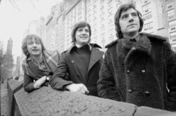 FILE - From left to right, Graham Chapman, Michael Palin and Terry Jones, three of the six creators of the hit British TV comedy series "Monty Python's Flying Circus," are shown in New York, March 12, 1975.