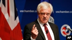 David Davis, Britain's Secretary of State for Exiting the European Union, speaks at the U.S. Chamber of Commerce, in Washington, Sept. 1, 2017.