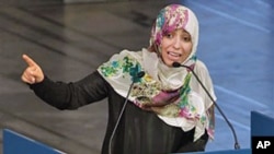 Nobel Peace Prize winner and human rights activist Tawakkol Karman of Yemen speaks at City Hall in Oslo, Norway, December 10, 2011.