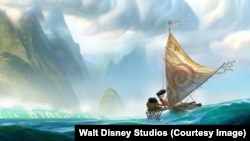 Moana and Maui sail toward land in this concept drawing for the movie.