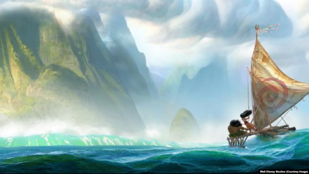 Moana and Maui sail toward land in this concept drawing for the movie.