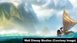 Moana and Maui sail toward land in this concept drawing for the movie.