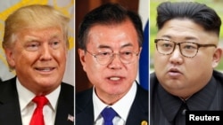 도널드 트럼프 미국 대통령과 문재인 한국 대통령, 김정은 북한 국무위원장. 