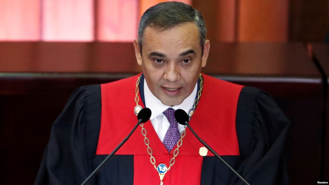 Venezuela's Supreme Court President Maikel Moreno speaks during a ceremony to mark the opening of the judicial year at the Supreme Court of Justice (TSJ), in Caracas, Venezuela, Jan. 24, 2019. 