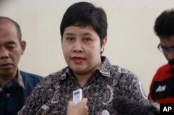 Nancy Yuliana Lawyer of Serge Atlaoui, a French national who is on death row after being convicted of drug offences, talks to the media after a hearing at the State Administrative Court in Jakarta, Indonesia, June 22, 2015.