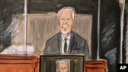In this courtroom sketch, Lawrence Paul Visoski Jr., who was one of Jeffrey Epstein's pilots, testifies on the witness stand during Ghislaine Maxwell's sex trafficking trial, Nov. 29, 2021, in New York.