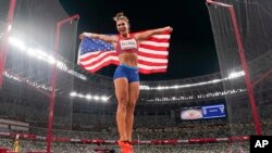 Valarie Allman of the United States celebrates after winning the gold medal in the women&#39;s discus throw final at the 2020 Summer Olympics in Tokyo, Japan.