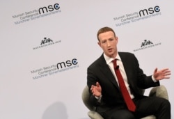 FILE - The founder and CEO of Facebook Mark Zuckerberg speaks during the 56th Munich Security Conference in Munich, Germany, Feb. 15, 2020.