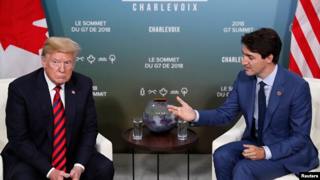 美國總統川普和加拿大總理特魯多在魁北克七國集團峰會期間舉行雙邊會晤。(2018年6月8日)