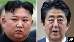김정은 북한 국무위원장과 아베 신조 일본 총리. 
