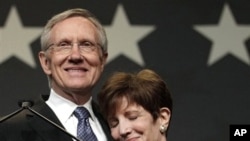 Sen. Harry Reid, D-Nev., embraces his wife Landra during the Nevada State Democratic election night party after defeating Sharron Angle to win re-election, 2 Nov. 2010, in Las Vegas.