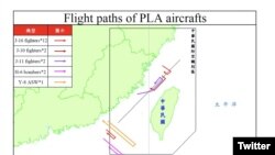 台湾空军2020年9月19日发布中国解放军在台湾附近空域活动路径图(台湾国防部推特）
