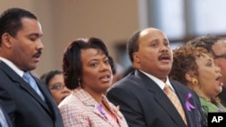 FILE - In this Feb. 6, 2006, file photo, from left, the children of the Rev. Martin Luther King Jr., and Coretta Scott King, Dexter Scott King, the Rev. Bernice King, Martin Luther King III and Yolanda King participate in a musical tribute to their mother.