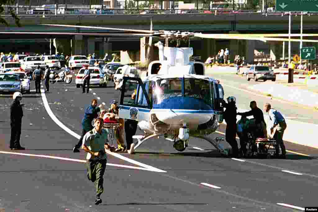 A rescue helicopter uses Washington Blvd. outside the Pentagon to evacuate injured personnel after the terror attack on the building.