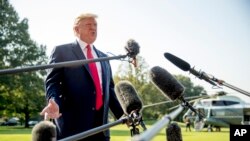 President Donald Trump speaks to members of the media on the South Lawn of the White House in Washington, Aug. 7, 2019.