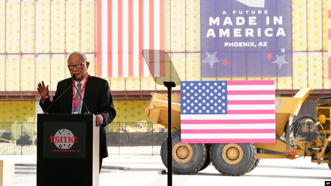 FILE - Taiwan Semiconductor Manufacturing Company founder Morris Chang speaks at the new facility in Phoenix, Dec. 6, 2022.
