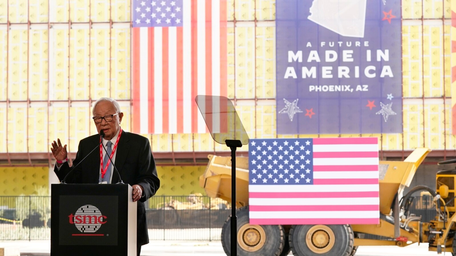 FILE - Taiwan Semiconductor Manufacturing Company founder Morris Chang speaks at the new facility in Phoenix, Dec. 6, 2022.