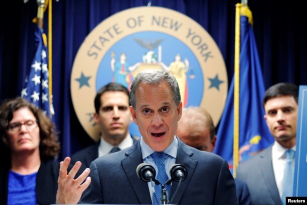 FILE - New York Attorney General Eric Schneiderman speaks in New York, June 28, 2016.