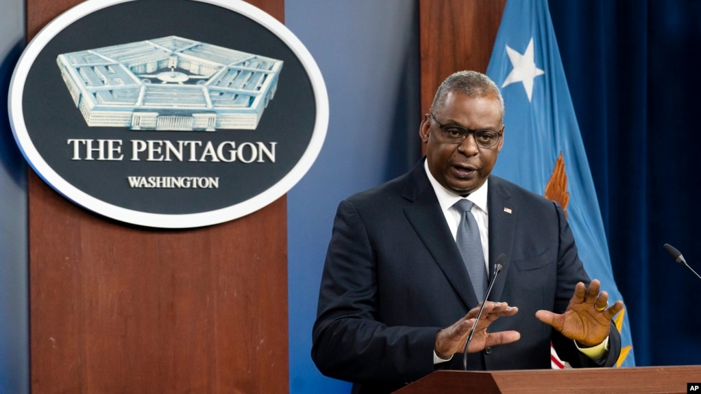 In this file photo, U.S. Secretary of Defense Lloyd Austin speaks during a media briefing at the Pentagon, Nov. 17, 2021, in Washington. (AP Photo/Alex Brandon, File)