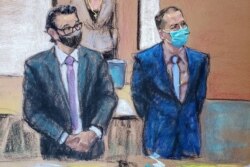 Former Minneapolis police officer Derek Chauvin, R, and his defense attorney Eric Nelson rise to greet jury members on the twefth day of Chauvin's trial in the death of George Floyd in Minneapolis, Minnesota, April 13, 2021 in this courtroom sketch.