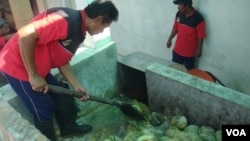 Petugas memasukkan sampah buah ke mesin untuk disimpan dan menghasilkan biogas yang kemudian menggerakkan generator listrik.(VOA/Nurhadi Sucahyo)