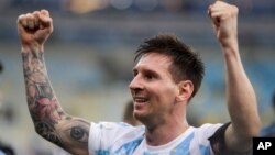 Argentina's Lionel Messi celebrates after beating Brazil 1-0 in the Copa America final soccer match at the Maracana stadium in Rio de Janeiro, Brazil, Saturday, July 10, 2021. (AP Photo/Bruna Prado)